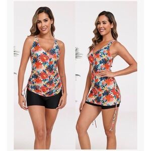 Halcurt Womens Floral Tankini Swim Dress Set with BoyShorts Pockets Multicolor L